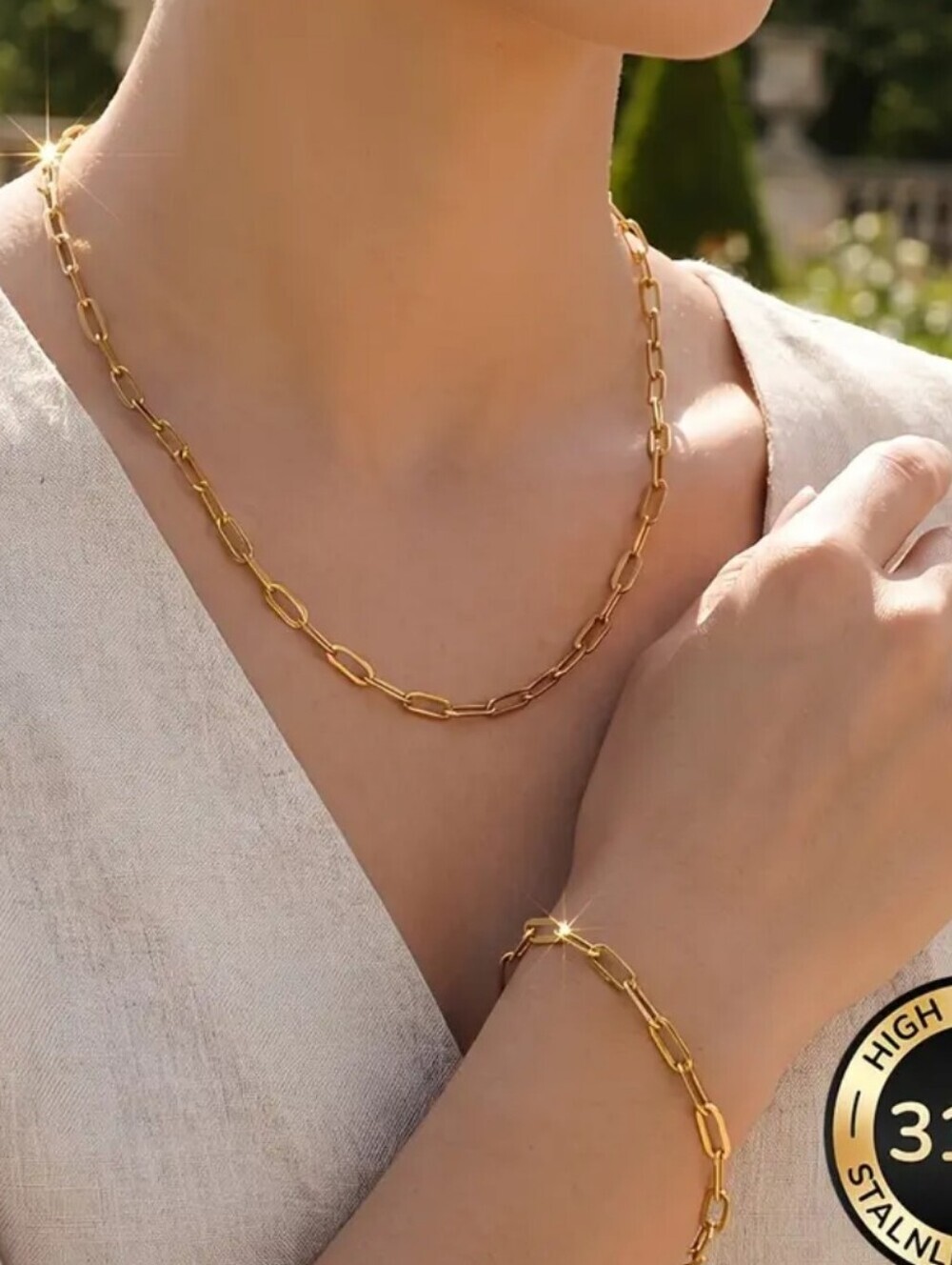 New! Stainless Steel Gold Plated Link Chain Necklace and Bracelet Set -
